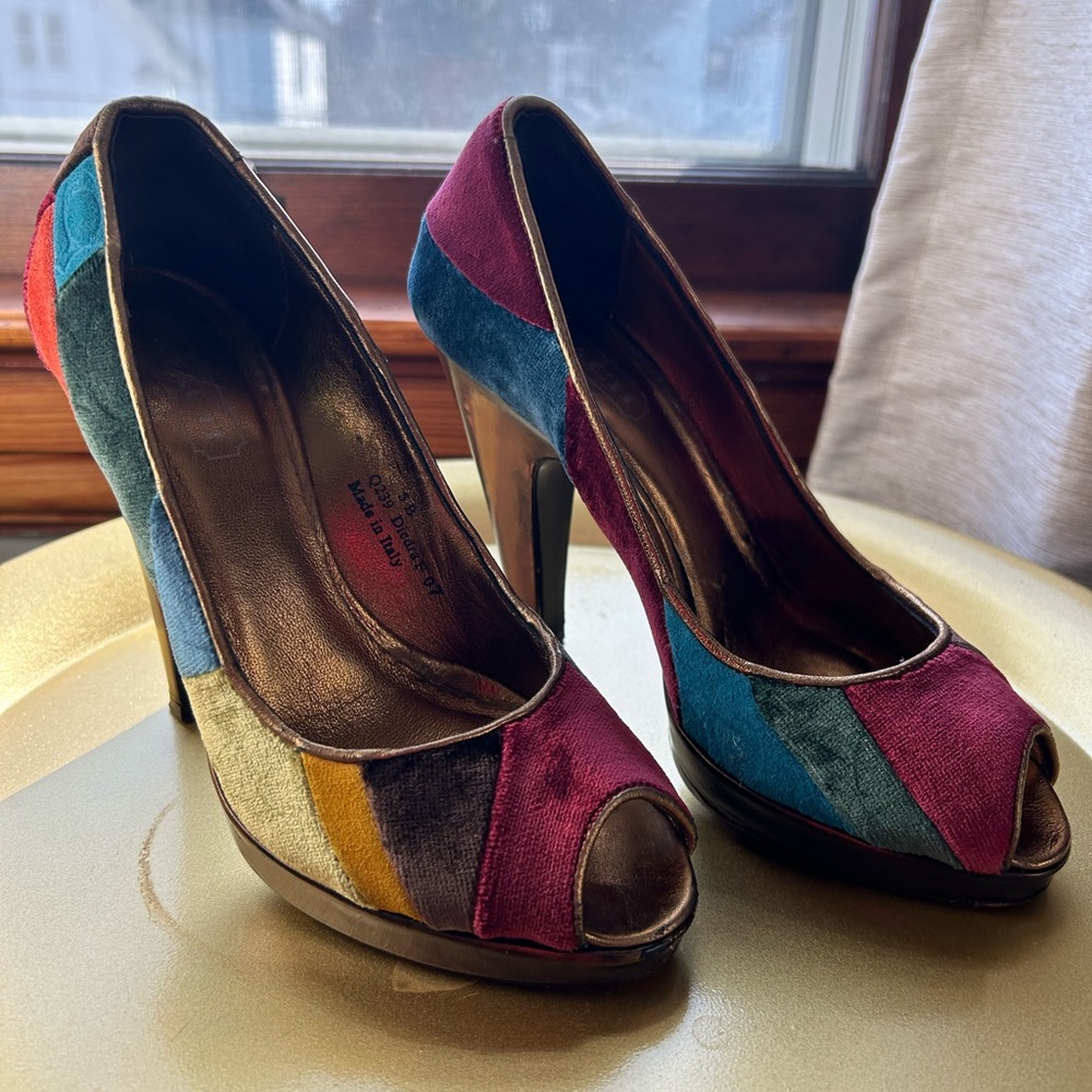 Coach Diedra Ergo Velvet Patchwork Heels
